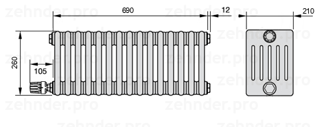 Схема (чертеж) Радиатор Zehnder Charleston 6026/15 №V004 Белый глянцевый RAL 9016
